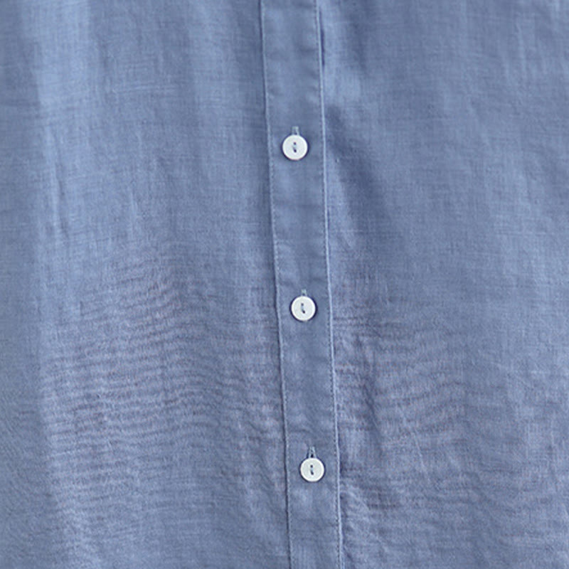 Robe mi-longue plissée à simple boutonnage et sans manches en coton et lin avec Buddha Stones
