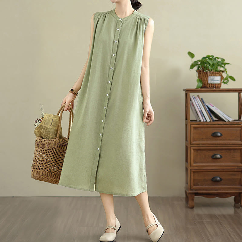 Robe mi-longue plissée à simple boutonnage et sans manches en coton et lin avec Buddha Stones