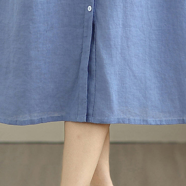 Robe mi-longue plissée à simple boutonnage et sans manches en coton et lin avec Buddha Stones