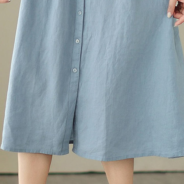 Robe mi-longue plissée à simple boutonnage et sans manches en coton et lin avec Buddha Stones