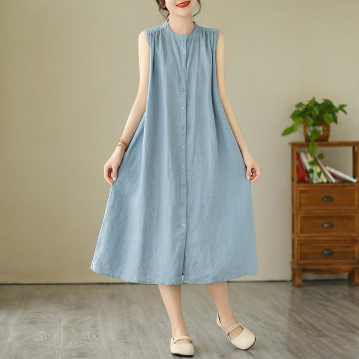 Robe mi-longue plissée à simple boutonnage et sans manches en coton et lin avec Buddha Stones