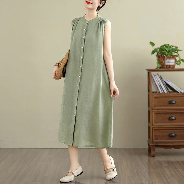 Robe mi-longue plissée à simple boutonnage et sans manches en coton et lin avec Buddha Stones