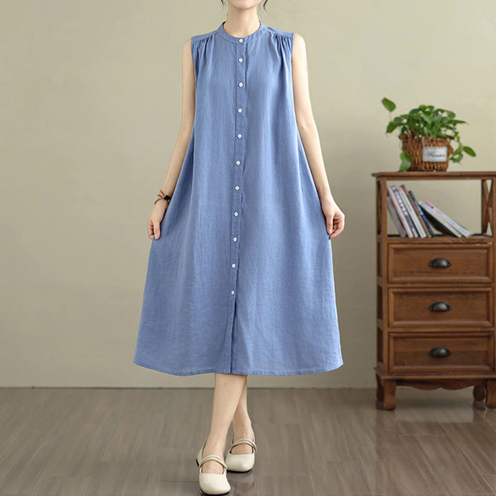 Robe mi-longue plissée à simple boutonnage et sans manches en coton et lin avec Buddha Stones