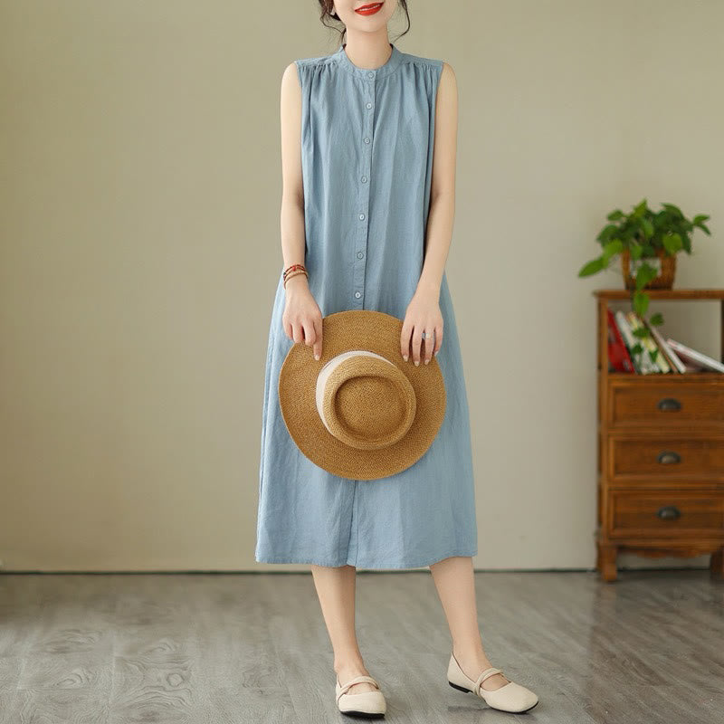 Robe mi-longue plissée à simple boutonnage et sans manches en coton et lin avec Buddha Stones