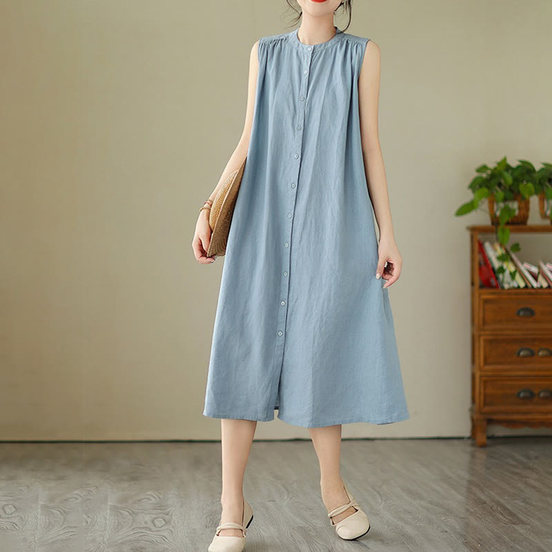 Robe mi-longue plissée à simple boutonnage et sans manches en coton et lin avec Buddha Stones