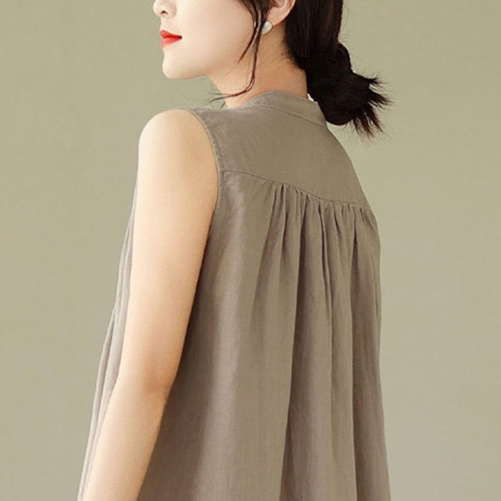 Robe mi-longue plissée à simple boutonnage et sans manches en coton et lin avec Buddha Stones