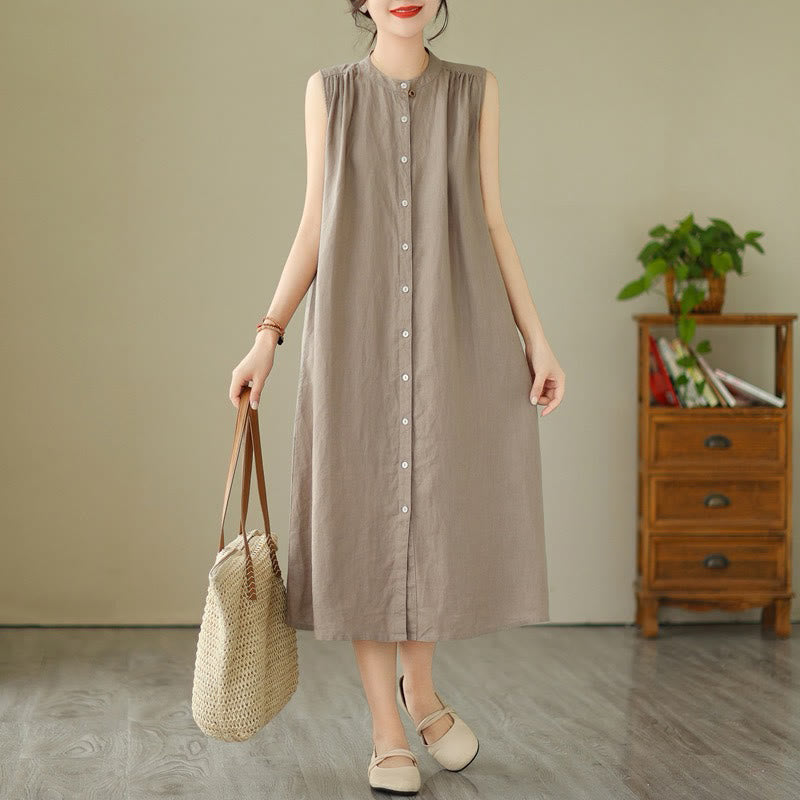 Robe mi-longue plissée à simple boutonnage et sans manches en coton et lin avec Buddha Stones