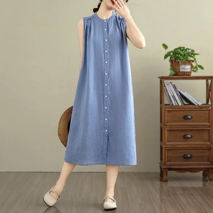 Robe mi-longue plissée à simple boutonnage et sans manches en coton et lin avec Buddha Stones