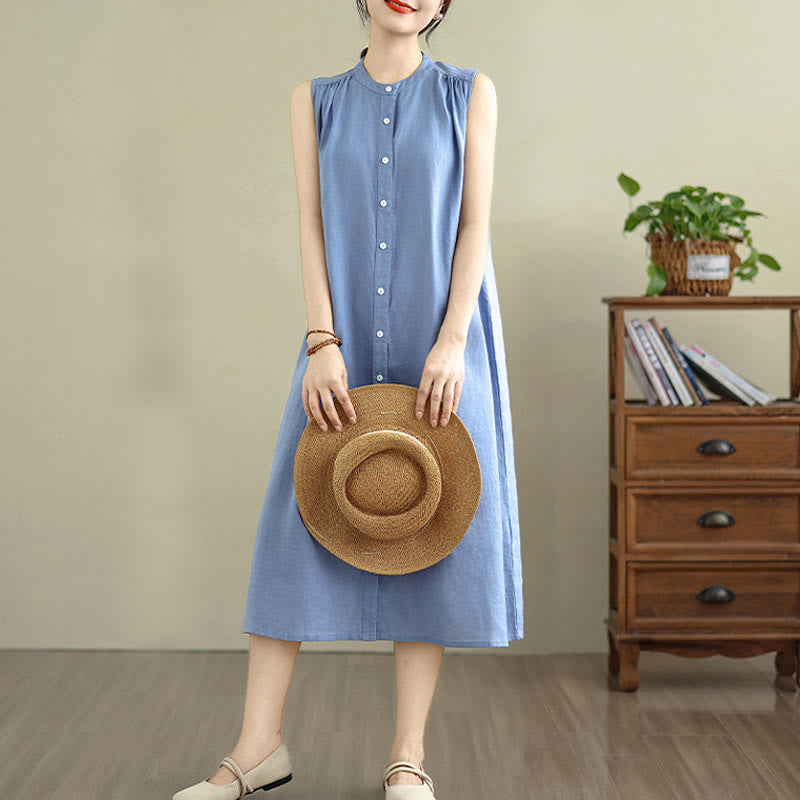 Robe mi-longue plissée à simple boutonnage et sans manches en coton et lin avec Buddha Stones