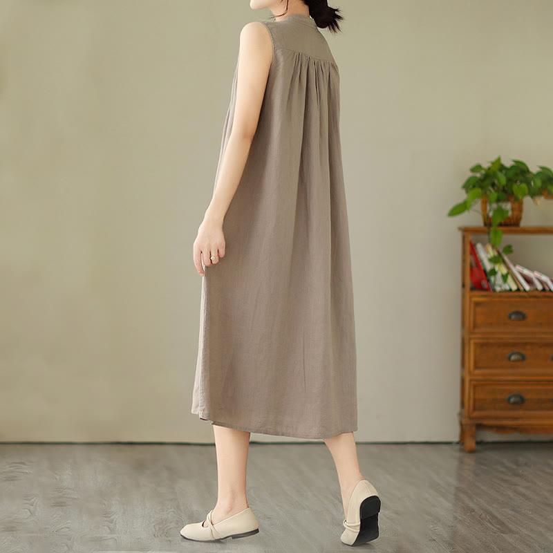 Robe mi-longue plissée à simple boutonnage et sans manches en coton et lin avec Buddha Stones
