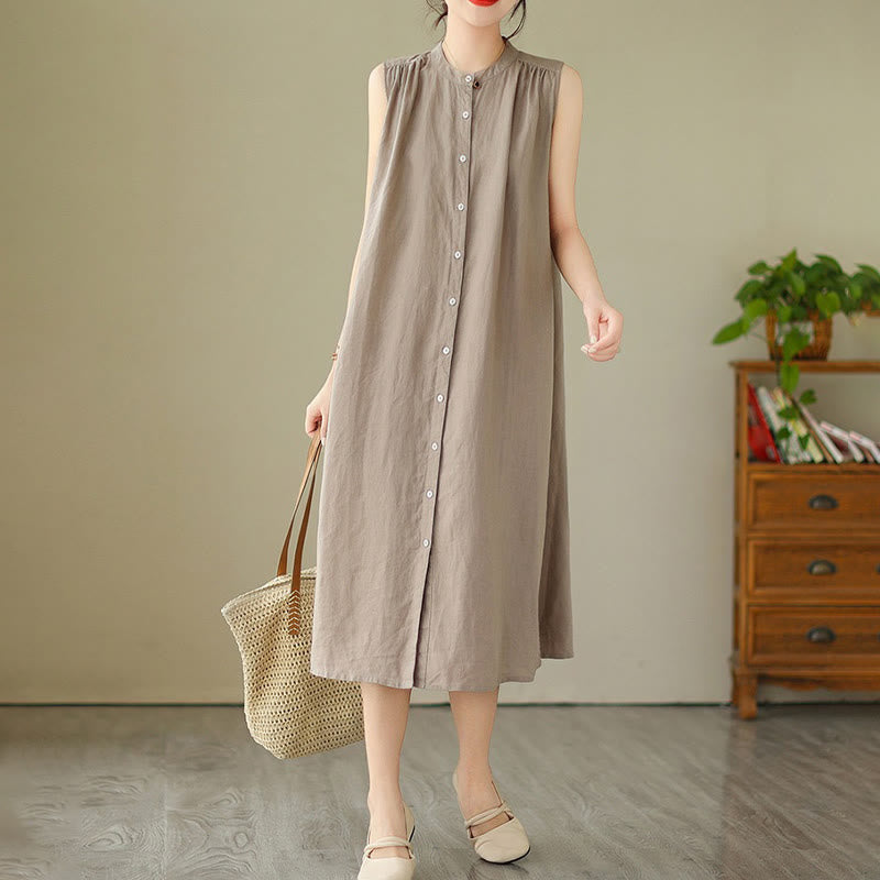 Robe mi-longue plissée à simple boutonnage et sans manches en coton et lin avec Buddha Stones