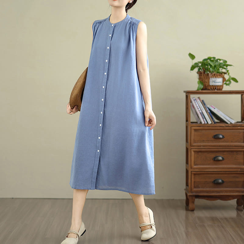 Robe mi-longue plissée à simple boutonnage et sans manches en coton et lin avec Buddha Stones