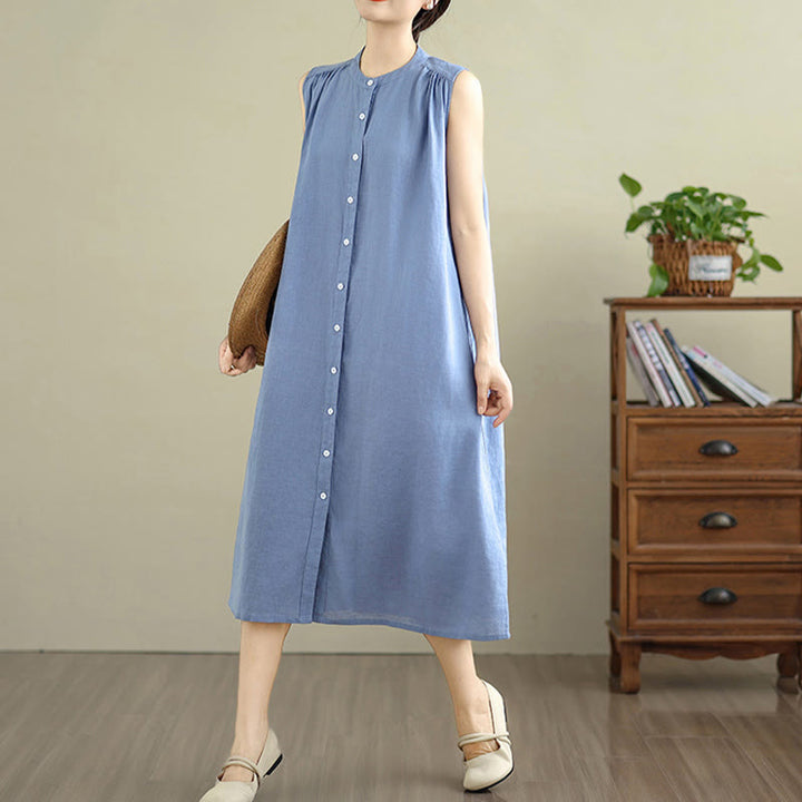 Robe mi-longue plissée à simple boutonnage et sans manches en coton et lin avec Buddha Stones