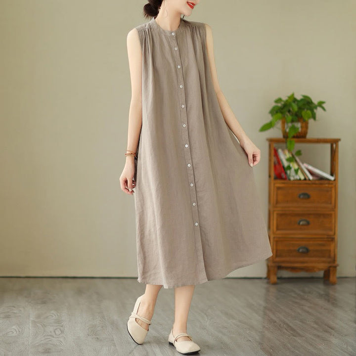 Robe mi-longue plissée à simple boutonnage et sans manches en coton et lin avec Buddha Stones