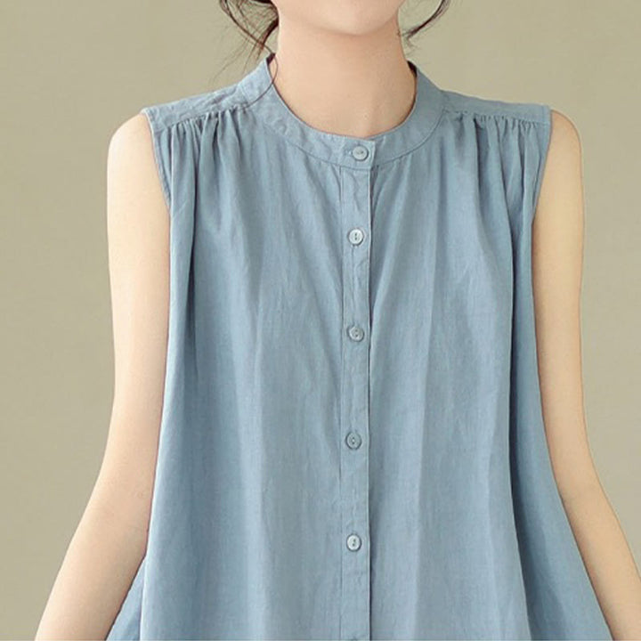 Robe mi-longue plissée à simple boutonnage et sans manches en coton et lin avec Buddha Stones