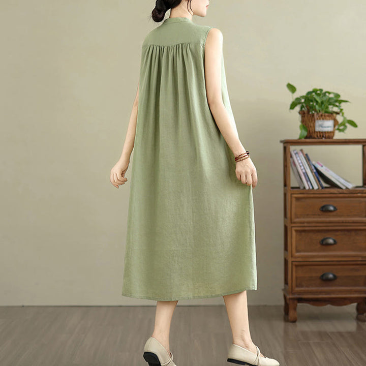Robe mi-longue plissée à simple boutonnage et sans manches en coton et lin avec Buddha Stones