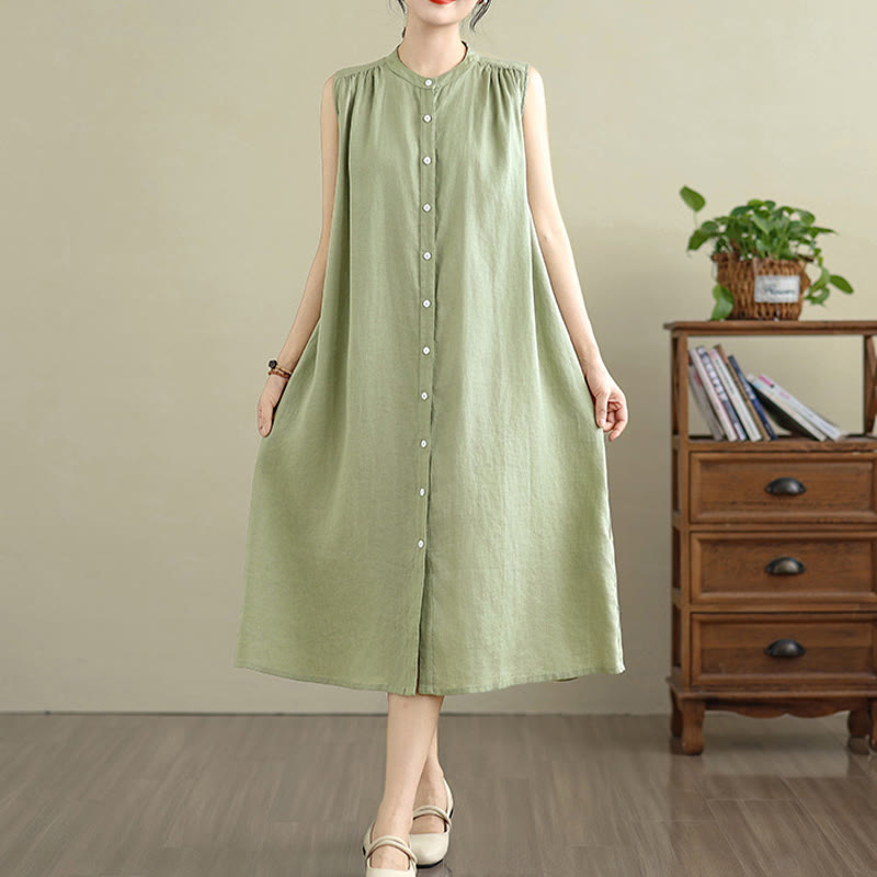 Robe mi-longue plissée à simple boutonnage et sans manches en coton et lin avec Buddha Stones
