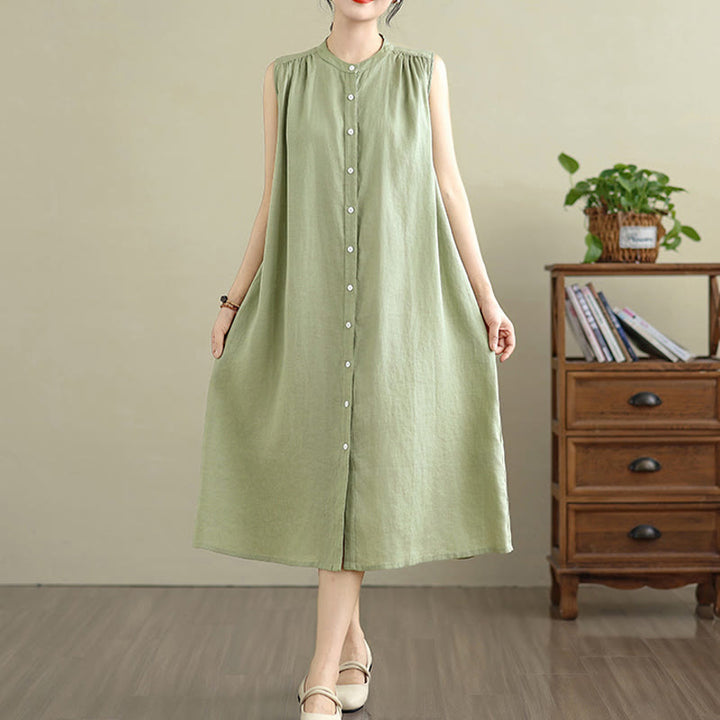 Robe mi-longue plissée à simple boutonnage et sans manches en coton et lin avec Buddha Stones