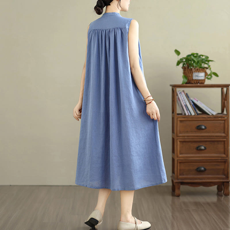 Robe mi-longue plissée à simple boutonnage et sans manches en coton et lin avec Buddha Stones
