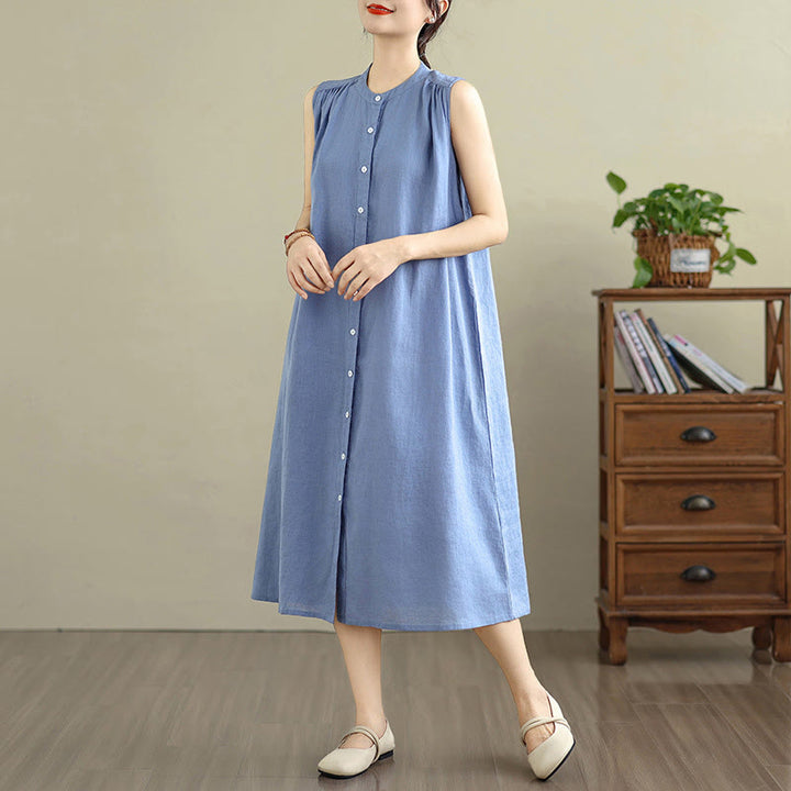 Robe mi-longue plissée à simple boutonnage et sans manches en coton et lin avec Buddha Stones