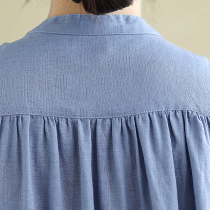 Robe mi-longue plissée à simple boutonnage et sans manches en coton et lin avec Buddha Stones