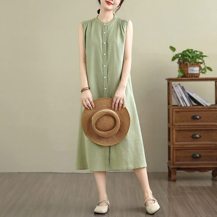 Robe mi-longue plissée à simple boutonnage et sans manches en coton et lin avec Buddha Stones