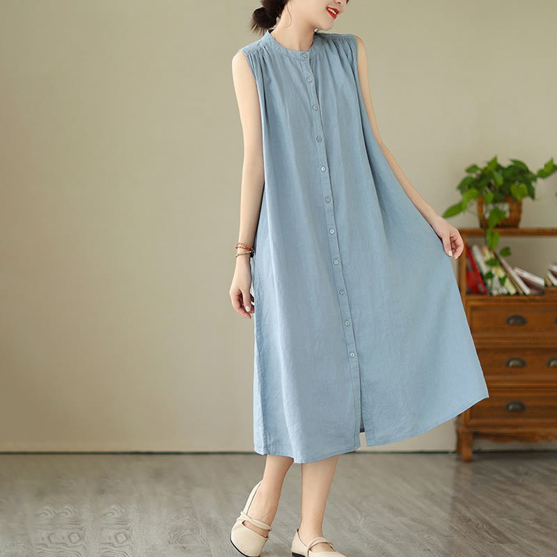 Robe mi-longue plissée à simple boutonnage et sans manches en coton et lin avec Buddha Stones
