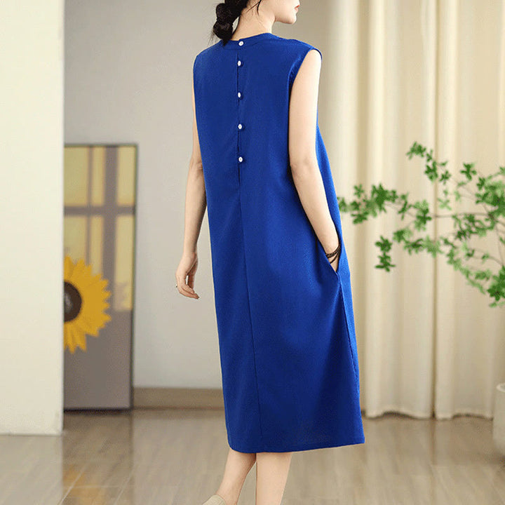 Robe mi-longue décontractée en coton et lin avec poches et boutons dans le dos, couleur unie, style Buddha Stones - image 15