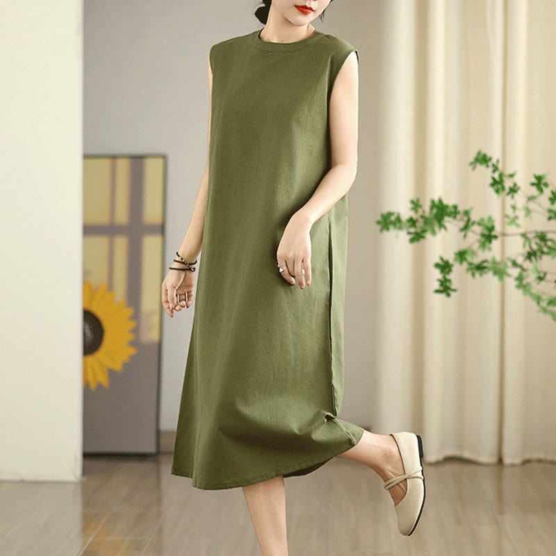 Robe mi-longue décontractée en coton et lin avec poches et boutons dans le dos, couleur unie, style Buddha Stones - image 2