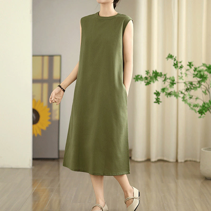 Robe mi-longue décontractée en coton et lin avec poches et boutons dans le dos, couleur unie, style Buddha Stones - image 1