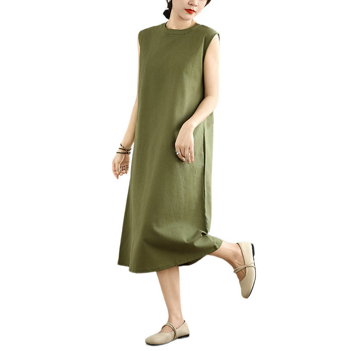 Robe mi-longue décontractée en coton et lin avec poches et boutons dans le dos, couleur unie, style Buddha Stones - image 10