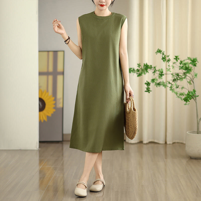 Robe mi-longue décontractée en coton et lin avec poches et boutons dans le dos, couleur unie, style Buddha Stones - Vert olive - US8-10，UK/AU12-14，EU40-42 (2XL) - image 0