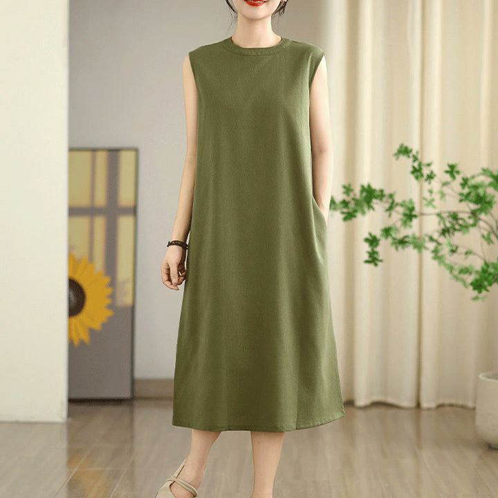 Robe mi-longue décontractée en coton et lin avec poches et boutons dans le dos, couleur unie, style Buddha Stones - image 3