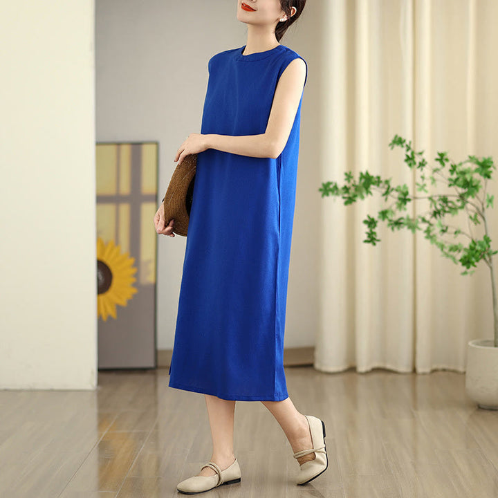 Robe mi-longue décontractée en coton et lin avec poches et boutons dans le dos, couleur unie, style Buddha Stones - image 12