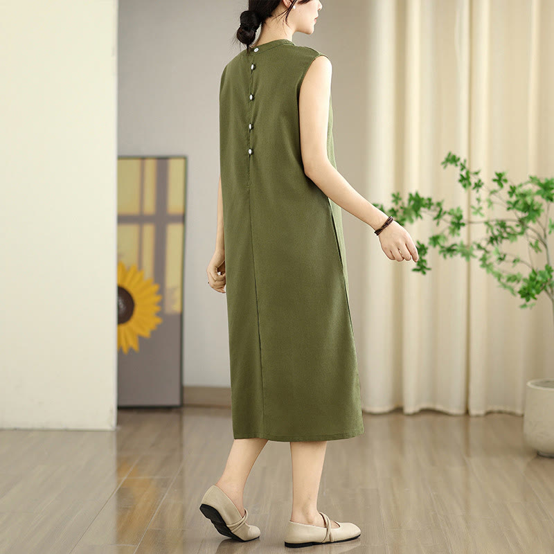 Robe mi-longue décontractée en coton et lin avec poches et boutons dans le dos, couleur unie, style Buddha Stones - image 4