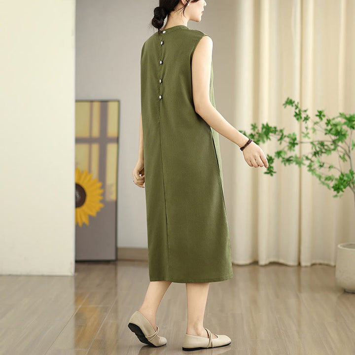 Robe mi-longue décontractée en coton et lin avec poches et boutons dans le dos, couleur unie, style Buddha Stones - image 4