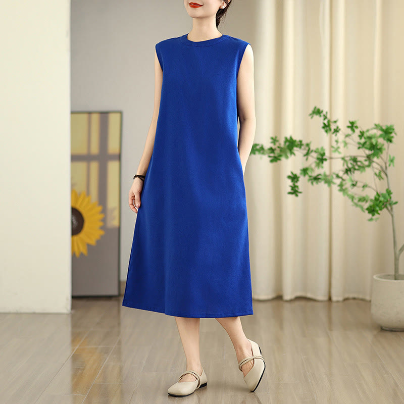 Robe mi-longue décontractée en coton et lin avec poches et boutons dans le dos, couleur unie, style Buddha Stones - Bleu moyen - US8-10，UK/AU12-14，EU40-42 (2XL) - image 11