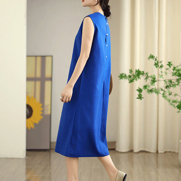 Robe mi-longue décontractée en coton et lin avec poches et boutons dans le dos, couleur unie, style Buddha Stones - image 13