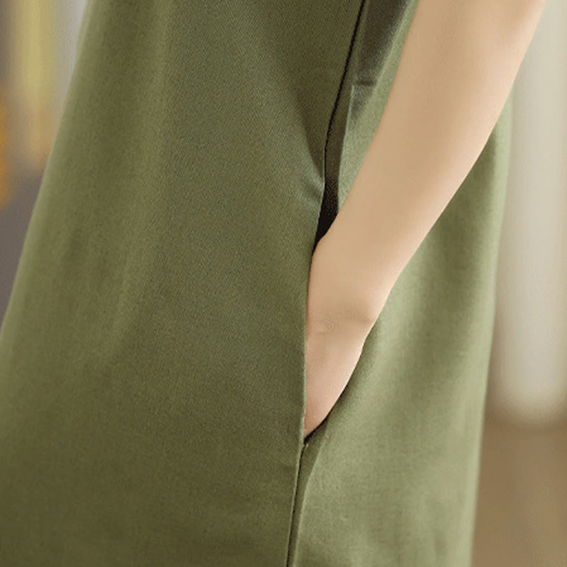 Robe mi-longue décontractée en coton et lin avec poches et boutons dans le dos, couleur unie, style Buddha Stones - image 8