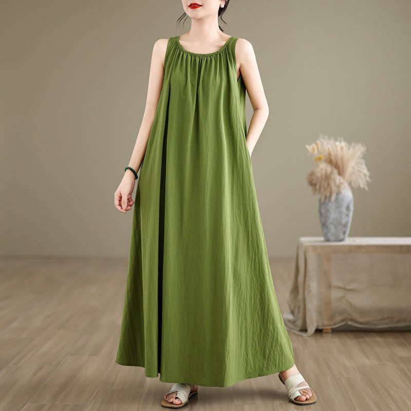 Robe mi-longue d' Buddha Stones décontractée en coton à plis unis, sans manches, col ras du cou et poches - Vert citron - US8-10，UK/AU12-14，EU40-42 (2XL) - image 1