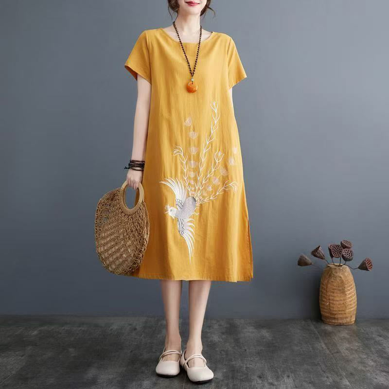 Robe mi-longue d'été en coton et lin à manches courtes avec imprimé Buddha Stones et motif phénix - Or - US14，UK/AU18，EU46 (4XL) - image 8