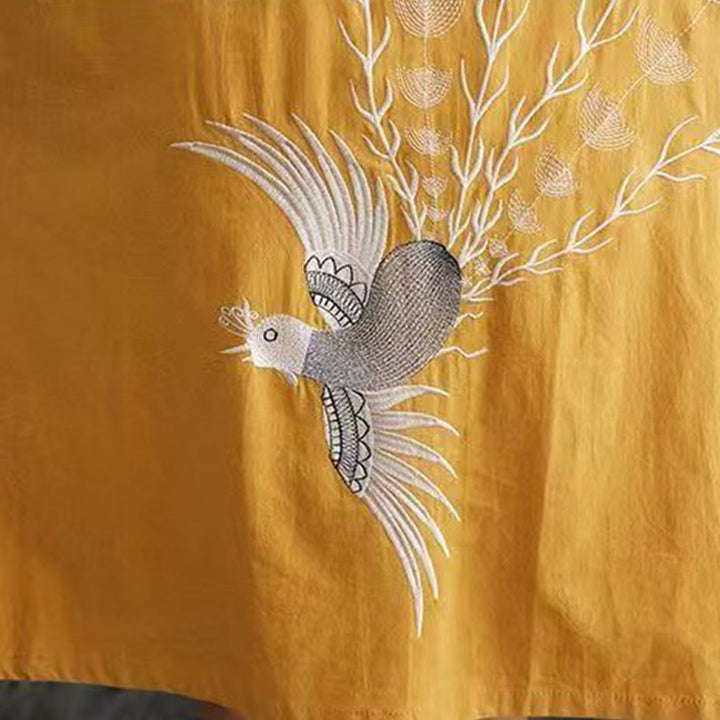 Robe mi-longue d'été en coton et lin à manches courtes avec imprimé Buddha Stones et motif phénix - image 13