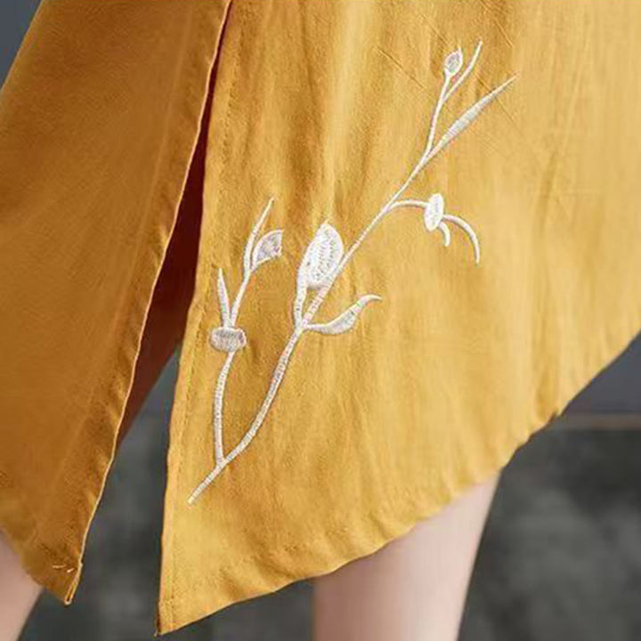 Robe mi-longue d'été en coton et lin à manches courtes avec imprimé Buddha Stones et motif phénix - image 14