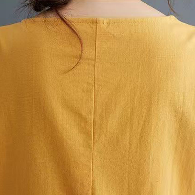 Robe mi-longue d'été en coton et lin à manches courtes avec imprimé Buddha Stones et motif phénix - image 12