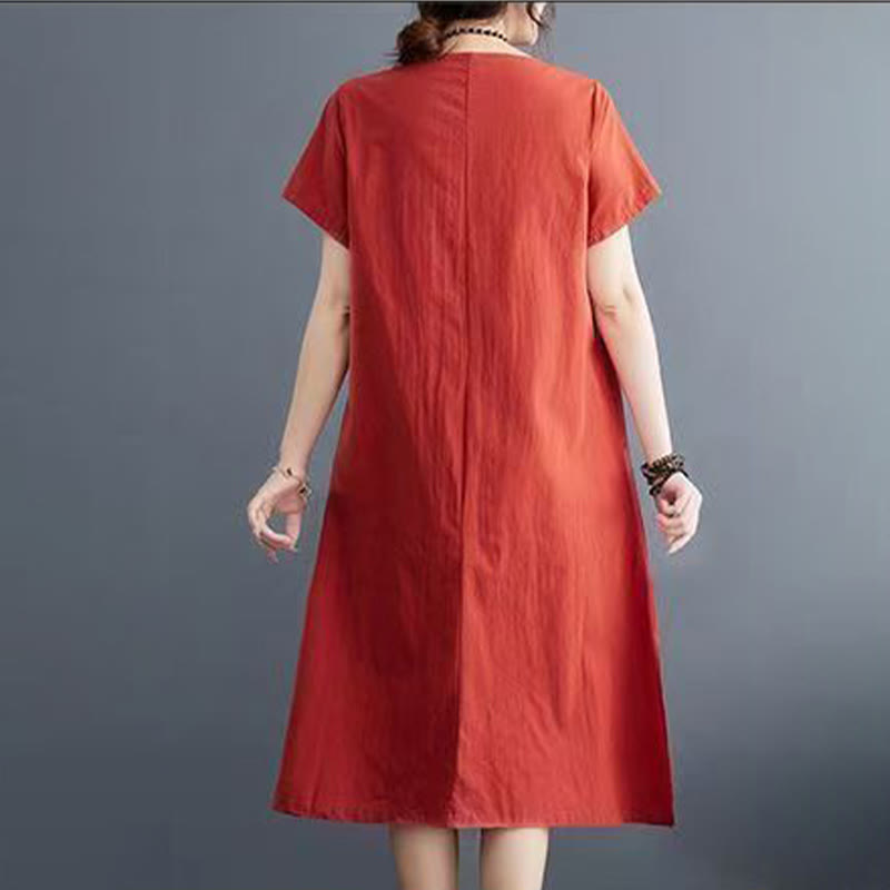 Robe mi-longue d'été en coton et lin à manches courtes avec imprimé Buddha Stones et motif phénix - image 2