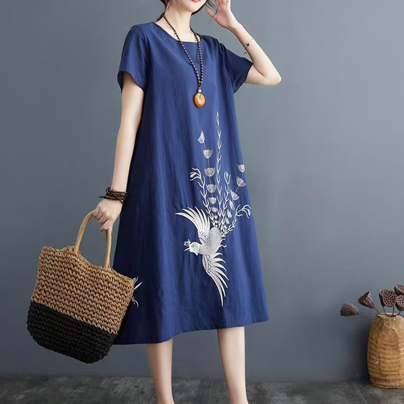 Robe mi-longue d'été en coton et lin à manches courtes avec imprimé Buddha Stones et motif phénix - Marine - US14，UK/AU18，EU46 (4XL) - image 4
