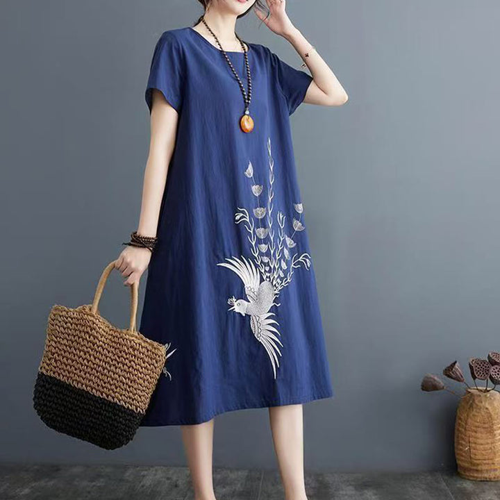 Robe mi-longue d'été en coton et lin à manches courtes avec imprimé Buddha Stones et motif phénix - Marine - US14，UK/AU18，EU46 (4XL) - image 4
