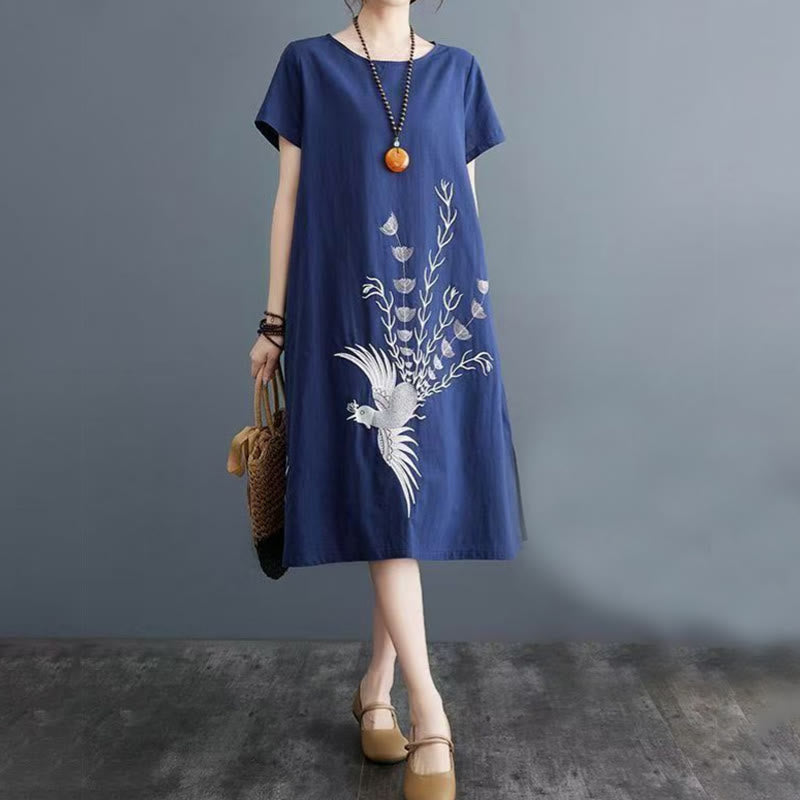Robe mi-longue d'été en coton et lin à manches courtes avec imprimé Buddha Stones et motif phénix - image 7