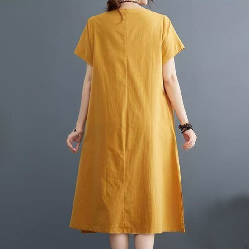 Robe mi-longue d'été en coton et lin à manches courtes avec imprimé Buddha Stones et motif phénix - image 10