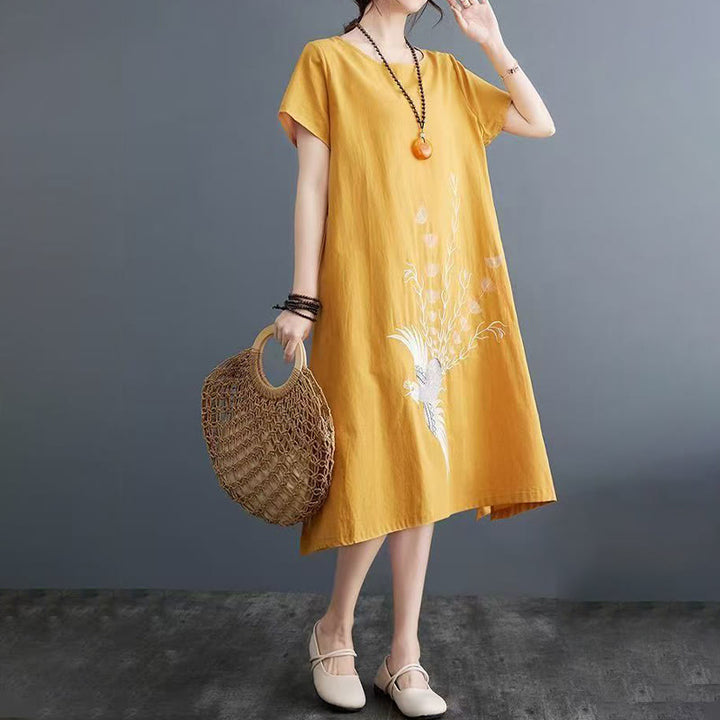 Robe mi-longue d'été en coton et lin à manches courtes avec imprimé Buddha Stones et motif phénix - image 9